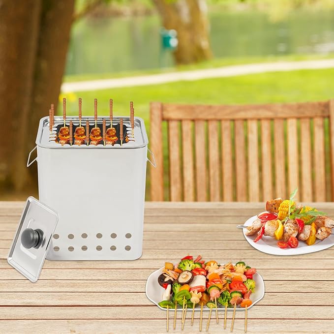 TFCFL Smokeless Square Barbecue Hanging Grill, Portable Smokeless Charcoal Grill, Stainless Charcoal BBQ Stove Kebob Grill with 26 Skewers Portable Vertical Charcoal Smoker for Travel Camping
