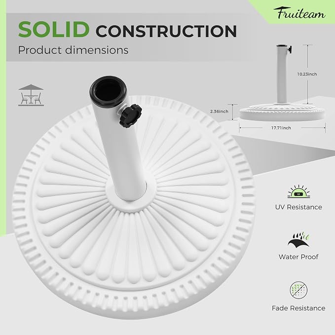 FRUITEAM 33-lbs Round Patio Umbrella Base Pre-Filled Umbrella Stand 17.7" Sun-Flower-Pattern Heavy Duty Market Umbrella Base Stand for Patio, Outdoor, Swimming Pool, White