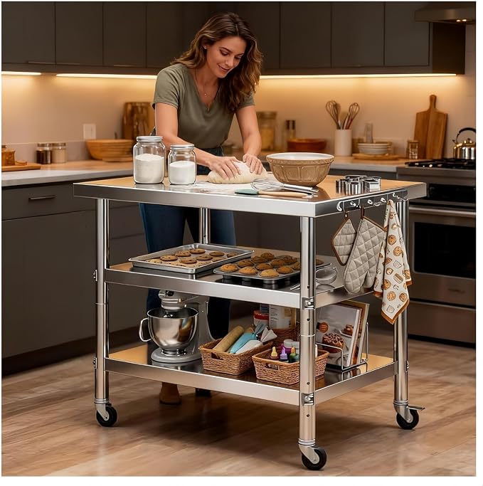 Stainless Steel Prep and Work Table with Wheels, Multi-Size Heavy-Duty Metal Commercial Kitchen Commercial Workbench,Suitable for Restaurants, Homes,Outdoor and Hotels (24" Lx24 Wx34 H)