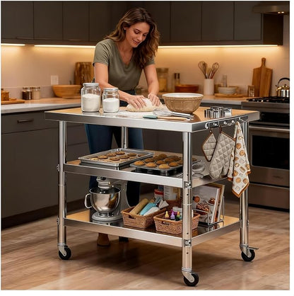 Stainless Steel Prep and Work Table with Wheels, Multi-Size Heavy-Duty Metal Commercial Kitchen Commercial Workbench,Suitable for Restaurants, Homes,Outdoor and Hotels (24" Lx24 Wx34 H)