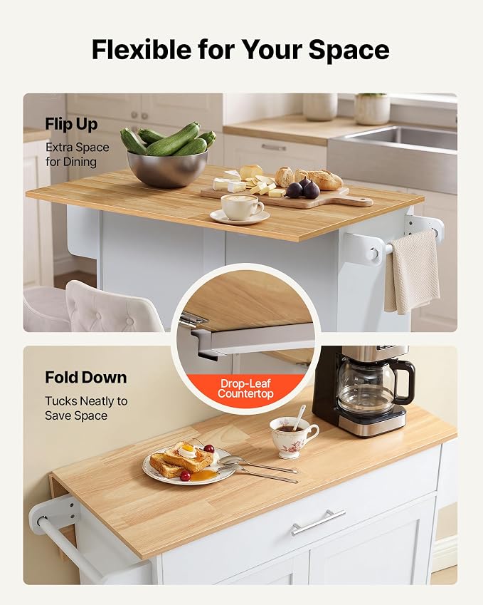 VEVOR Kitchen Island Cart with Storage, 42.28 in Wide Mobile Rolling Storage Island on Swivel Wheels, with Drawer, Storage Cabinet, Drop Leaf, Spice Rack, Table for Home Dining Room, White