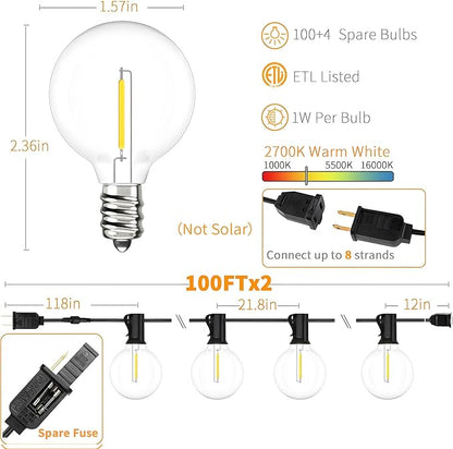 Svater 200 FT Outdoor String Lights for Outside Patio 104 Bulbs Waterproof | Commercial Grade Hanging Globe Lighting, Shatterproof G40 LED Bulbs, For Bistro Cafe Market Backyard ETL 2700K (2*100)