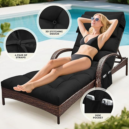 Outdoor Chaise Lounge Chair Cushion, Waterproof Outdoor Chair Cushions for Patio Furniture, 71 x 21 x 4 Inches Replacement Chaise Lounge Cushion with Ties (Black)