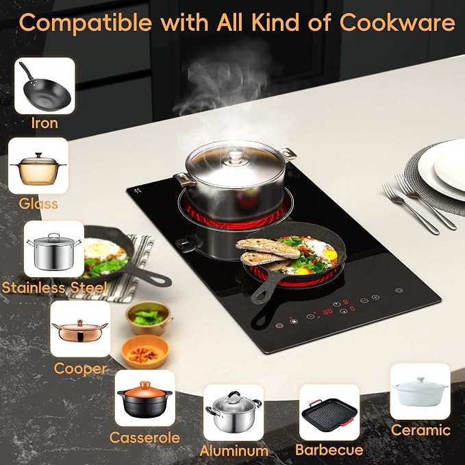 2 Burner Electric Cooktop 110V, 1800W Electric Stove Top 12 Inch, Plug in | Radiant Ceramic, Two Burner Electric Cooktop, Countertop & Built-in Stove, Touch Control, 9 Level Power, Timer, Safety Lock