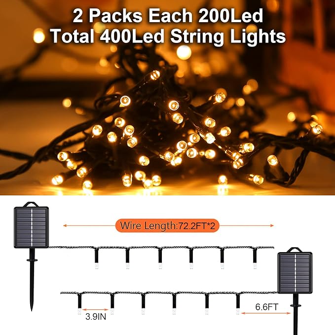 Solar Christmas String Lights, Warm White 200Led Outdoor Waterproof | 2 Pack Total 400LED 144Ft 8 Modes Timer, IP44 Outside Fairy Lights for Tree, Garden, Patio, Lawn, Party, Yard Decorations