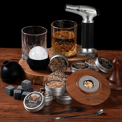 Whiskey Smoker Kit with Torch - 6 Flavors Wood Chips, 2 Glasses, Cocktail Smoker Infuser Kit, Old Fashioned Drink Smoker Kit, Birthday Valentine's Day Bourbon Whiskey Gifts for Men, Dad(No Butane)