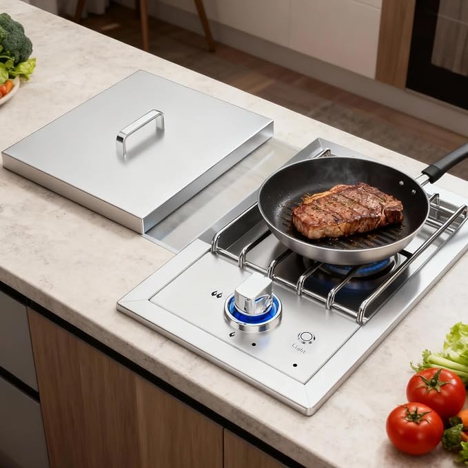 Propane Stove – 17,000 BTU Single Burner,Side Burner for BBQ Island,Comes with Propane Stove Lid,LED Light & Conversion Kit for Natural Gas.Portable Cooktop Ideal for Outdoor Kitchen Island.
