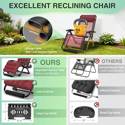 Suteck Oversized Zero Gravity Chair, 500LBS 33" XXL Reclining Lounge Chairs | W/Removable Cushion&Headrest, Upgraded Lock, Big Cup Holder and Footrest, Reclining Camping Chair Recliner for Indoor Outdoor