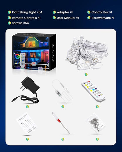 150FT Permanent Outdoor Lights for House, 24V RGB+IC Smart Outside Lights with 221 Modes, App & Remote Control, IP68 Waterproof, Year-Round Roof & Eaves Lighting for Christmas, Holidays (150FT)