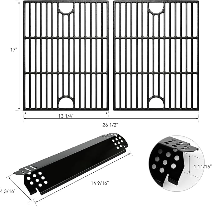 Grill Parts Kit for Home Depot Nexgrill 4 Burner 720-0830H & 5 Burner 720-0888/720-0888N, Porcelain Steel Heat Plates Flame Tamers, Porcelain Cast Iron Grates Gas Grill Replacement Parts, 13 x 17 Inch