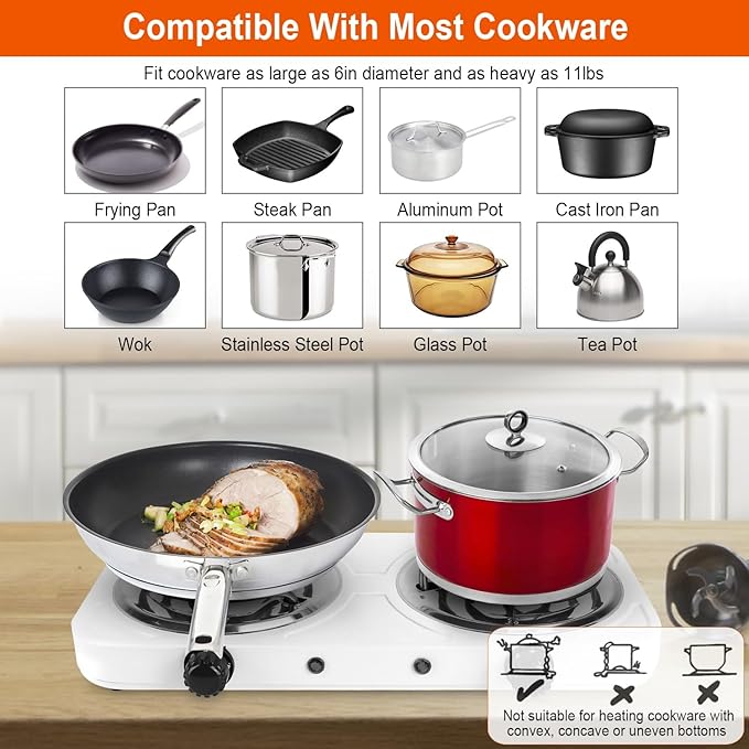 2000W Electric Double Burner Portable Coil Heating Hot Plate Stove Countertop RV Hotplate with Non Slip Rubber Feet 5 Temperature Adjustments