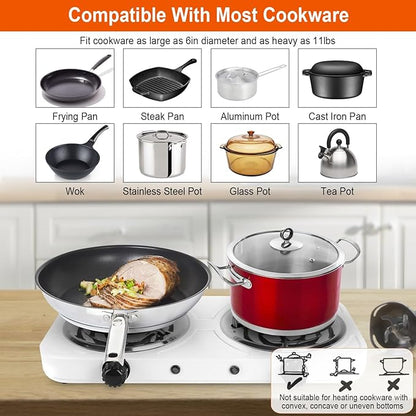 2000W Electric Double Burner Portable Coil Heating Hot Plate Stove Countertop RV Hotplate with Non Slip Rubber Feet 5 Temperature Adjustments