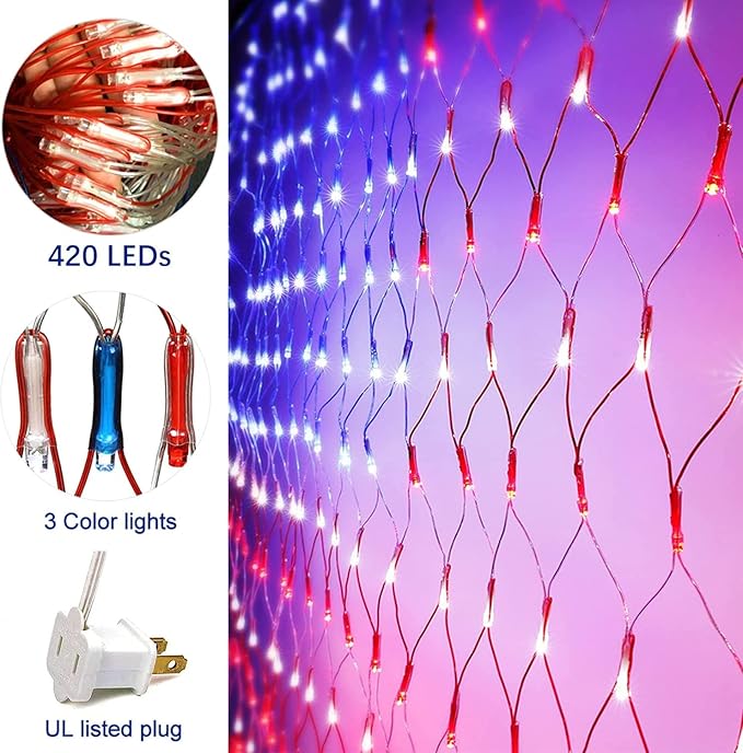 (Upgraded) American Flag Net Lights, 4th of July Decorations, 420 LED USA Flag Lights, Outdoor Waterproof Patriotic Ornament for Independence Day, National Day, Memorial Day Decor (Plug-in 110V)