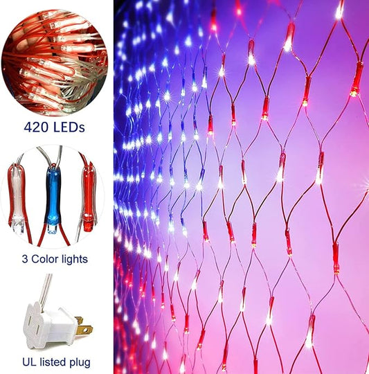 (Upgraded) American Flag Net Lights, 4th of July Decorations, 420 LED USA Flag Lights, Outdoor Waterproof Patriotic Ornament for Independence Day, National Day, Memorial Day Decor (Plug-in 110V)