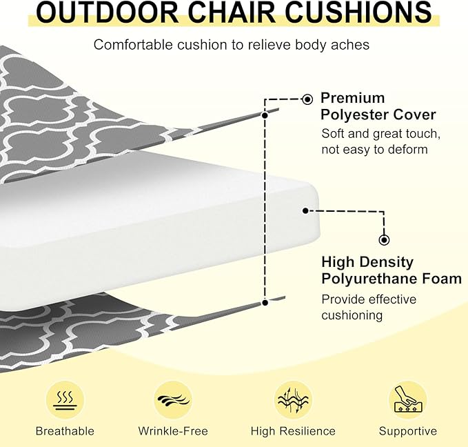 downluxe Outdoor Chair Cushions Set of 4 for Patio Furniture, Water-Resistant Square Corner Patio Chair Cushions with Ties, High Density Foam Outdoor Seat Cushion, 18.5" X 16" X 3", Grey Gourd