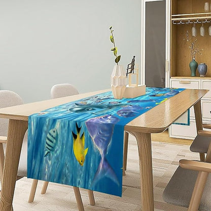 Under Sea World Table Runner, Ocean Underwater Tropical Animal Fish Dolphin Summer Pattern for Family Dinner Holiday Party Kitchen Vintage Nautical World Map Underwater Ocean Animals 13x90In