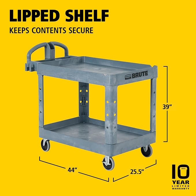Rubbermaid Commercial Products BRUTE Heavy Duty 2-Shelf Utility/Service Cart, Medium, Lipped Shelves, Ergonomic Handle, 500 lbs. Capacity, Gray, for Warehouse/Garage/Cleaning/Maintenance/Stadiums