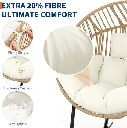 Garvee Wicker Rocking Egg Chair with Extra-Soft Pillow and Thick Cushion | Oversized Ergonomic Rattan Lounge Rocker for Outdoor & Indoor, Living Room, Backyard & Garden – Cream Cushion, Wicker Frame
