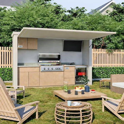Outdoor Kitchen Pod with 6-Burner Gas Grill, Flip-Up Enclosure, Sink & Storage Cabinet, Prefab Modular Outdoor Kitchen BBQ Island for Patio, Backyard, Garden & Outdoor Cooking (PLATINUM)