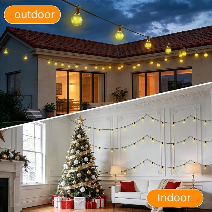 Solar Lights Outdoor Patio Lights 40FT G40 Waterproof Dimmable | 13 Shatterproof Edison Bulbs Patio Lights, Solar or USB charging, 3 Light Modes for Backyard, Porch, Deck, Balcony, Garden