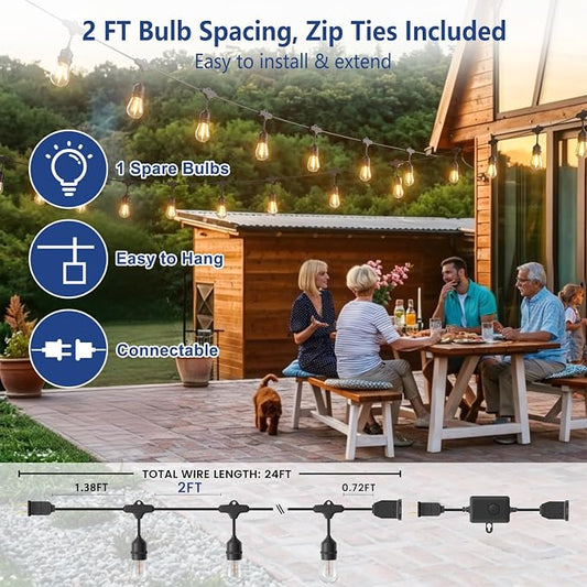 24FT String Lights for Outside, Remote & Waterproof, Connectable | 2FT Spacing, Heavy Duty Commercial Grade, 18 AWG Cord, 12+1 Shatterproof Bulbs, IP65, Timer & Dimmable, Plug-in, Backyard