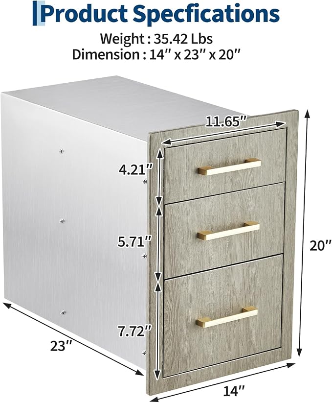 PeakPursuit Stainless Steel Outdoor Kitchen Triple Drawers - Heavy Duty with Handles, Weather-Resistant Flush Mount for BBQ Island, Patio Grill & Outdoor Cooking Space, 14" W x 20.3" D x 23" H