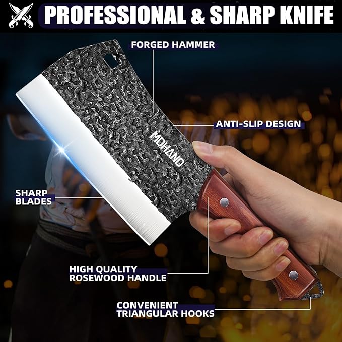 MDHAND Butcher Knife Set, 8PCS Hand Forged Butcher Chef Knife Set, High Carbon Steel Full Tang Kitchen Knives Set, Heavy Duty Meat Cleaver for Outdoor Camping BBQ, Gift for Men