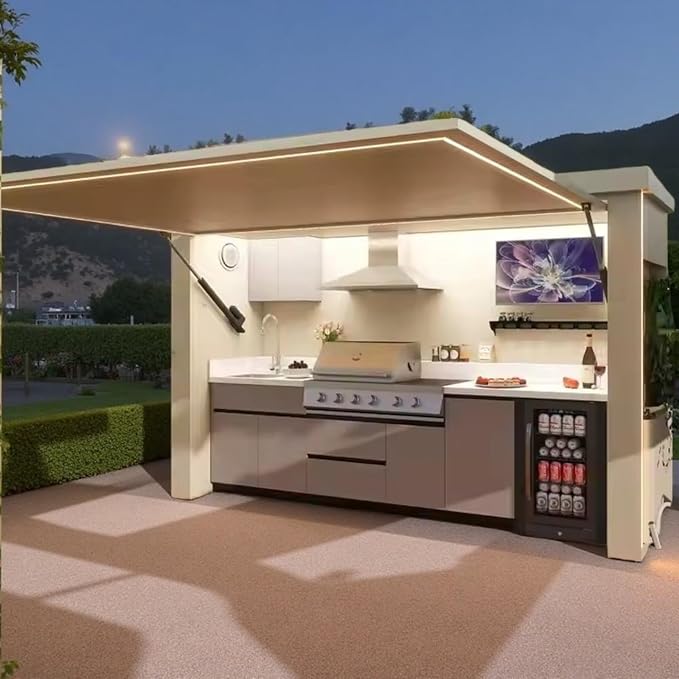 Integrated Modular Outdoor Kitchen Island, BBQ Cooking Station with Extra Side Burner & Beverage Fridge, Weather Resistant Outdoor Grill Unit for Winery, Restaurant Outdoor Dining & Family Gathering