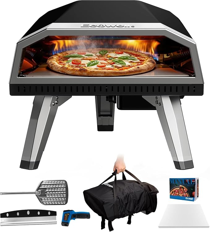 ECOWELL 12" Outdoor Gas Pizza Oven Propane, Cooks 12 Inch Pizzas in 80 Secs | Portable Pizza Oven with Gas Hose & Regulator, Pizza Stone, Peel, Cutter, Infrared Thermometer, Propane Grill Reaches 930°F