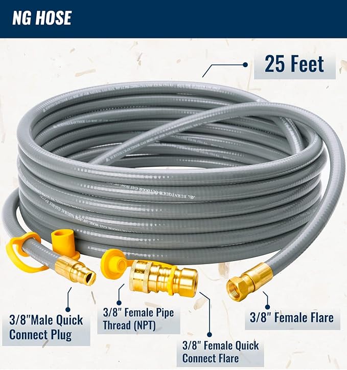 CALPOSE 25 Feet 3/8 inch ID Natural Gas Grill Hose with Quick Connect Fittings, Natural Gas Line for Grill, Pizza Oven, Heater and More Low Pressure Appliance