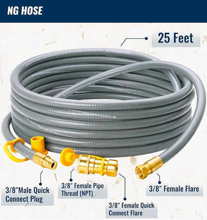 CALPOSE 25 Feet 3/8 inch ID Natural Gas Grill Hose with Quick Connect Fittings, Natural Gas Line for Grill, Pizza Oven, Heater and More Low Pressure Appliance