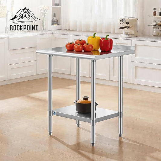 ROCKPOINT SS304 Top All Stainless Steel Table for Prep & Work with Backsplash 24x30 Inches, NSF Commercial Kitchen Heavy Duty Table with Adjustable Undershelf for Restaurant,Kitchen, Home and Hotel
