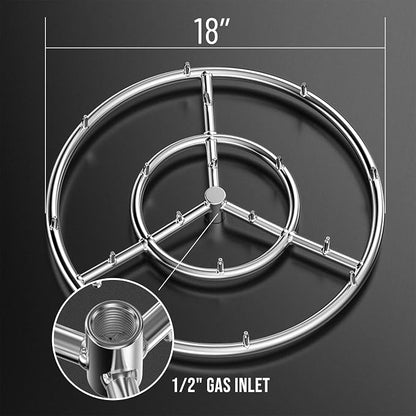 Skyflame 18 Inch Round Stainless Steel Fire Pit High Flame Burner Ring | Flame Jet Nozzles, 150,000 BTU, 1/2" NPT Inlet, 304 Stainless Steel, for NG and LP Fire pit