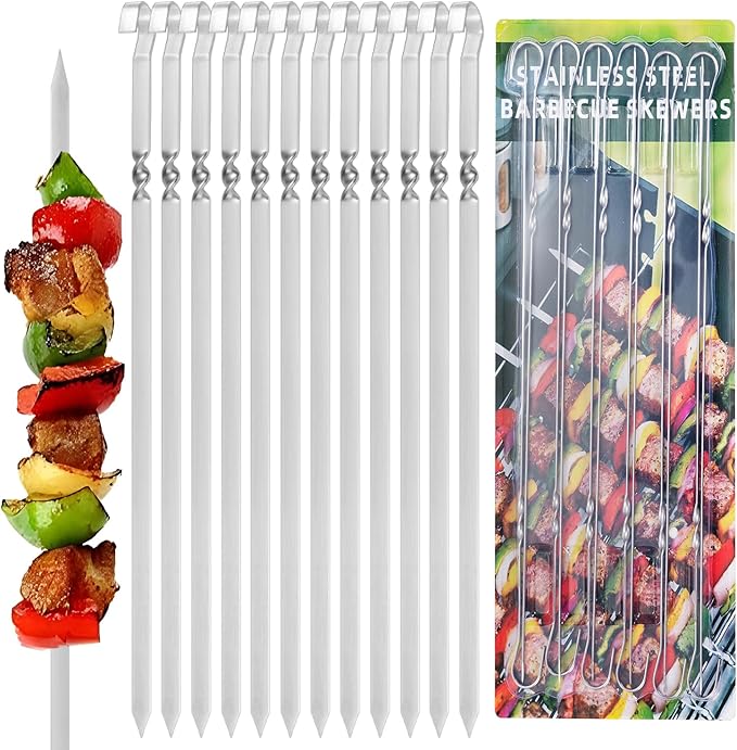 14" Skewers for Grilling with Gift Package, Flat Metal Kabob Skewers, Reusable Stainless Steel BBQ Skewers, Heavy Duty Shish Kebab Skewers for Outdoor Camping Grill Kitchen Cooking
