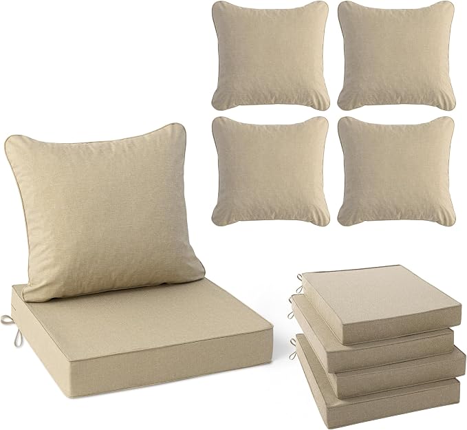 Summsun Outdoor Chair Cushions Set of 4, Faux Linen Patio Furniture Cushions, Water Resistant Backrest and Seat Cushion Set with Ties, Removable Cover, Non-Slip Bottom, 19 x 19 Inch, Nature