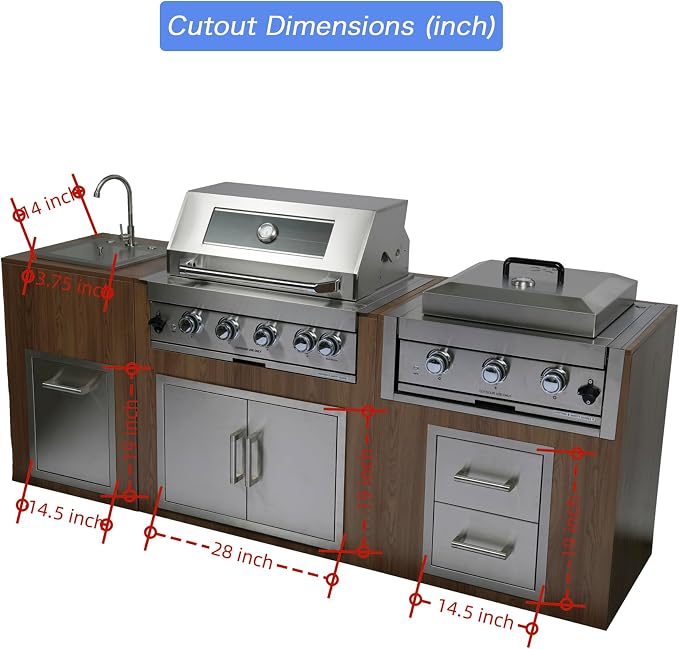 Built in Gas Grill Outdoor: 13 pcs Drop in Propane Gas Grills 32 inch BBQ 4 Burner 60000 BTU Stainless Island Barbecue Cooking Station with inserts Sink Drawer Door Rotisserie Kit Complete Set