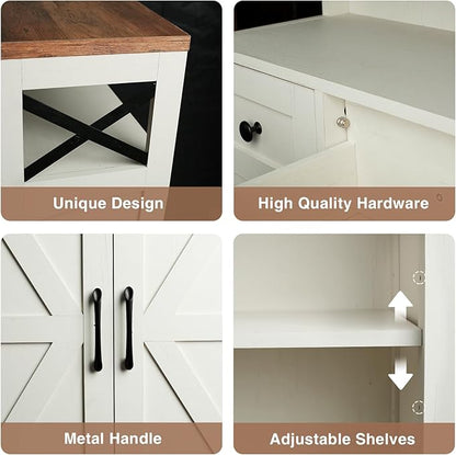 Befrases Farmhouse White Storage Cabinet with Doors and Drawers, Freestanding Kitchen Pantry Cabinet, Floor Storage Cabinet Hutch Cupboard for Kitchen, Living Dining Room, Bathroom