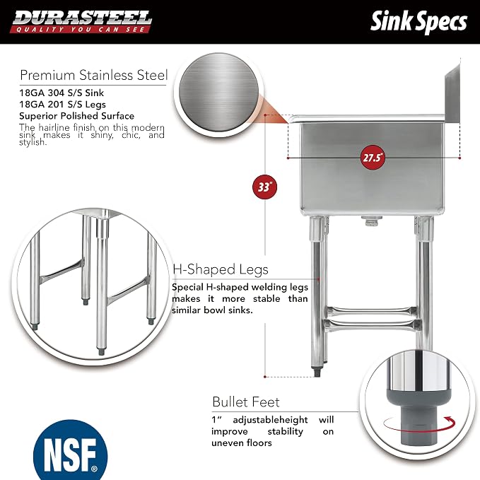 DuraSteel 304 Commercial Stainless Steel Utility Sink - 24 Inch Tub Freestanding Prep Kitchen Sink w/ Faucet - NSF Hand Wash Station for Kitchen Sinks, Outdoor, Laundry Room, Garage Small Kitchenette