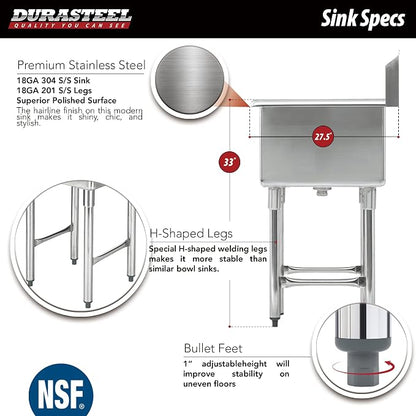 DuraSteel 304 Commercial Stainless Steel Utility Sink - 24 Inch Tub Freestanding Prep Kitchen Sink w/ Faucet - NSF Hand Wash Station for Kitchen Sinks, Outdoor, Laundry Room, Garage Small Kitchenette