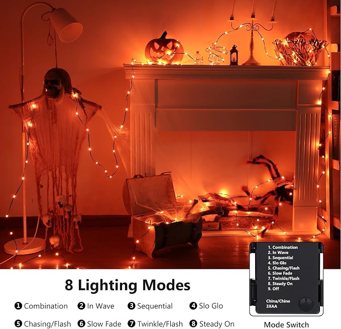 Brizled 2 Pack 50 LED Orange Halloween String Lights Battery Operated | 8 Modes Fall Lights with Timer, Orange Fairy Lights Black Wire Battery Powered for Indoor Outdoor Autumn Thanksgiving Decor