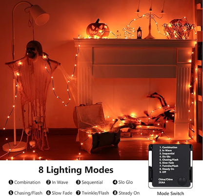Brizled 2 Pack 50 LED Orange Halloween String Lights Battery Operated | 8 Modes Fall Lights with Timer, Orange Fairy Lights Black Wire Battery Powered for Indoor Outdoor Autumn Thanksgiving Decor