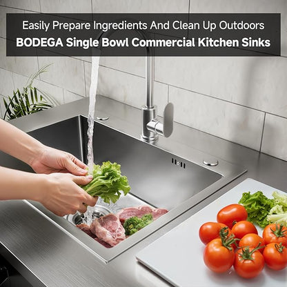 BODEGA Stainless Steel Outdoor Kitchen Sink Cabinet, Outdoor Sink With Hose Hook Up,Single Bowl Kitchen Sinks With Brake Wheels & Spice Rac, All-Weather Use, Mobile Prep Station for BBQ, Camping, RV.