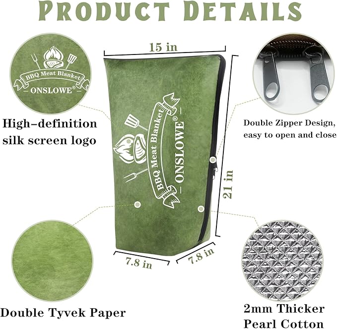 BBQ Blanket for Resting Meat, Reusable Reat Insulated Resting Bag, Smoker Meat Resting Blanket, Insulated Brisket Resting Blanket with Wide Mouth Perfect for Gifting, (21 in Green)