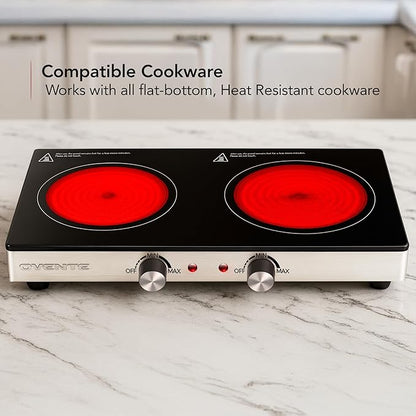 OVENTE Infrared Ceramic Double Burner, 1800W Electric Countertop Hot Plate with Black Crystalline Glass, Portable Stainless Steel Cooktop for Home, Office, or Dorm Use, Black BGI302GB