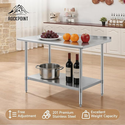 ROCKPOINT All Stainless Steel Perp Table with Backsplash 30x48 Inch, Commercial Heavy Duty Table with Stainless Legs & Adjustable Undershelf, 840 lb Capacity for Restaurant,Home and Outdoor Kitchens