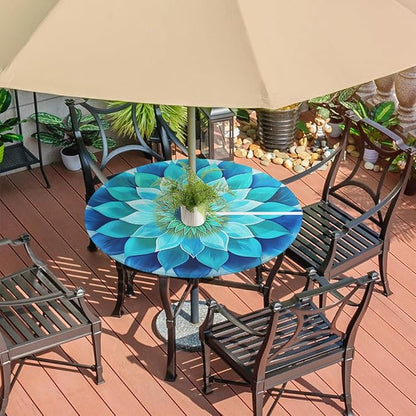Glowing Mandala Outdoor Round Fitted Tablecloth with Umbrella Hole and Zipper, 45"-56" Elastic Patio Table Cloth Oil-Proof Waterproof Patio Table Cover for Picnic Party Camping