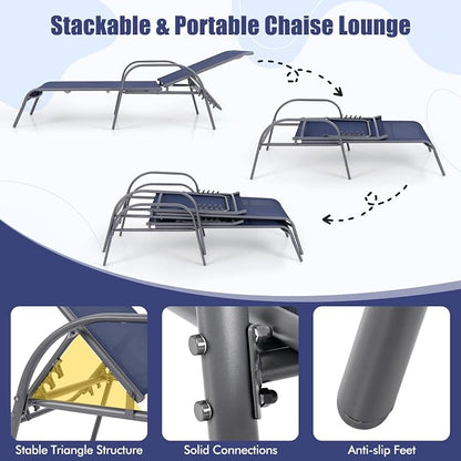 Tangkula Outdoor Lounge Chair, Patio Chaise Lounge with Adjustable Backrest, Reclining Pool Lounge Chair for Outside with Heavy Duty Steel Frame for Beach, Yard, Balcony, Poolside (Navy)