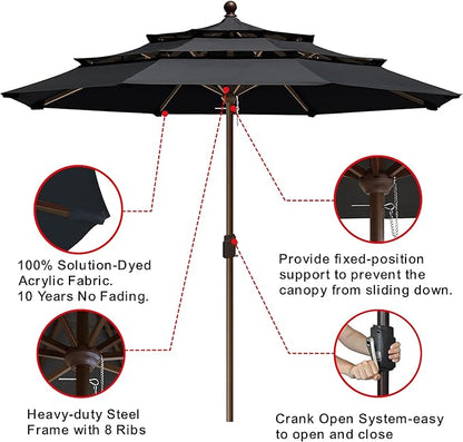 EliteShade USA 10-Year-Non-Fading 11ft 3-Tier Market Patio Umbrella, Commercial Grade Outdoor Table Umbrella with Crank Open, Windproof & UPF 50+ UV Protection, Heavy Duty Ventilation for Garden, Deck, Pool, Backyard, Beach & Bistro, No Tilt, Black