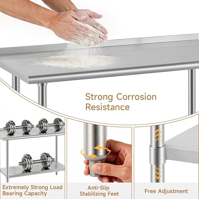 ROCKPOINT All Stainless Steel Perp Table with Backsplash 24x60 Inch, Commercial Heavy Duty Table with Stainless Legs & Adjustable Undershelf, 850 lb Capacity for Restaurant,Home and Outdoor Kitchens