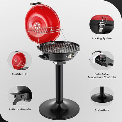 ROVSUN 1600W Vertical Electric Grill with Lid, Red 304 Stainless Steel Grill w/Detachable Pull-out Drip Tray, Double Layer Design, Portable & Removable, for Indoor and Outdoor Use